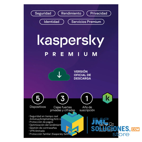 Licencia Kaspersky Premium + Customer Support / 5 Dispositivos / 3 Cuentas Kpm / 1 Ano / Base