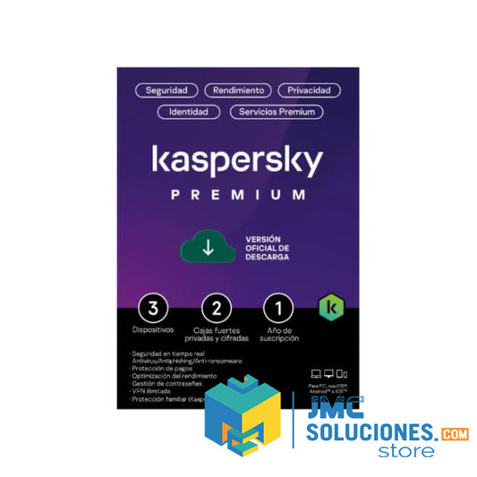Licencia Kaspersky Premium + Customer Support / 3 Dispositivos / 2 Cuentas Kpm / 1 Ano / Base